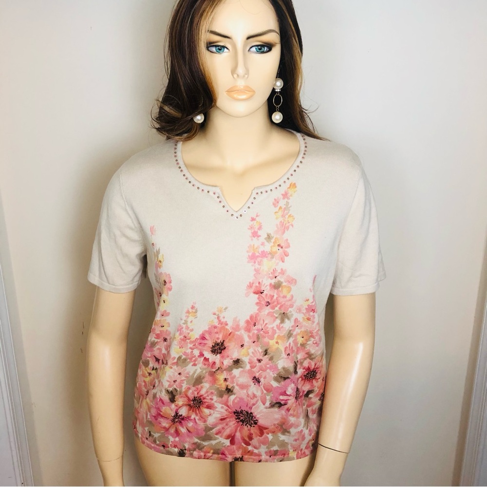 Alfred Dunner Floral Peach Pink Tan Beaded Sequin Short Sleeve Knit Fairy Top